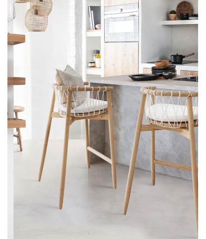 Tali - Bar chair in solid teak and white rope