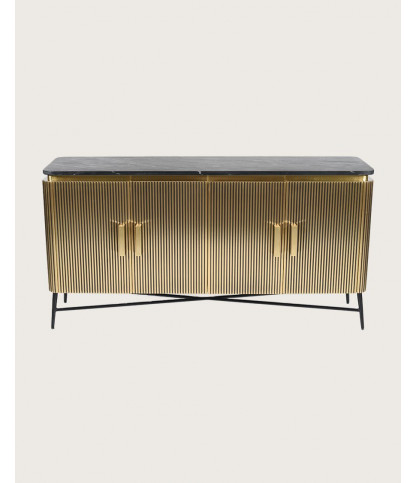 Glory - Grand buffet finition laiton vieilli avec plateau en marbre noir 160 cm