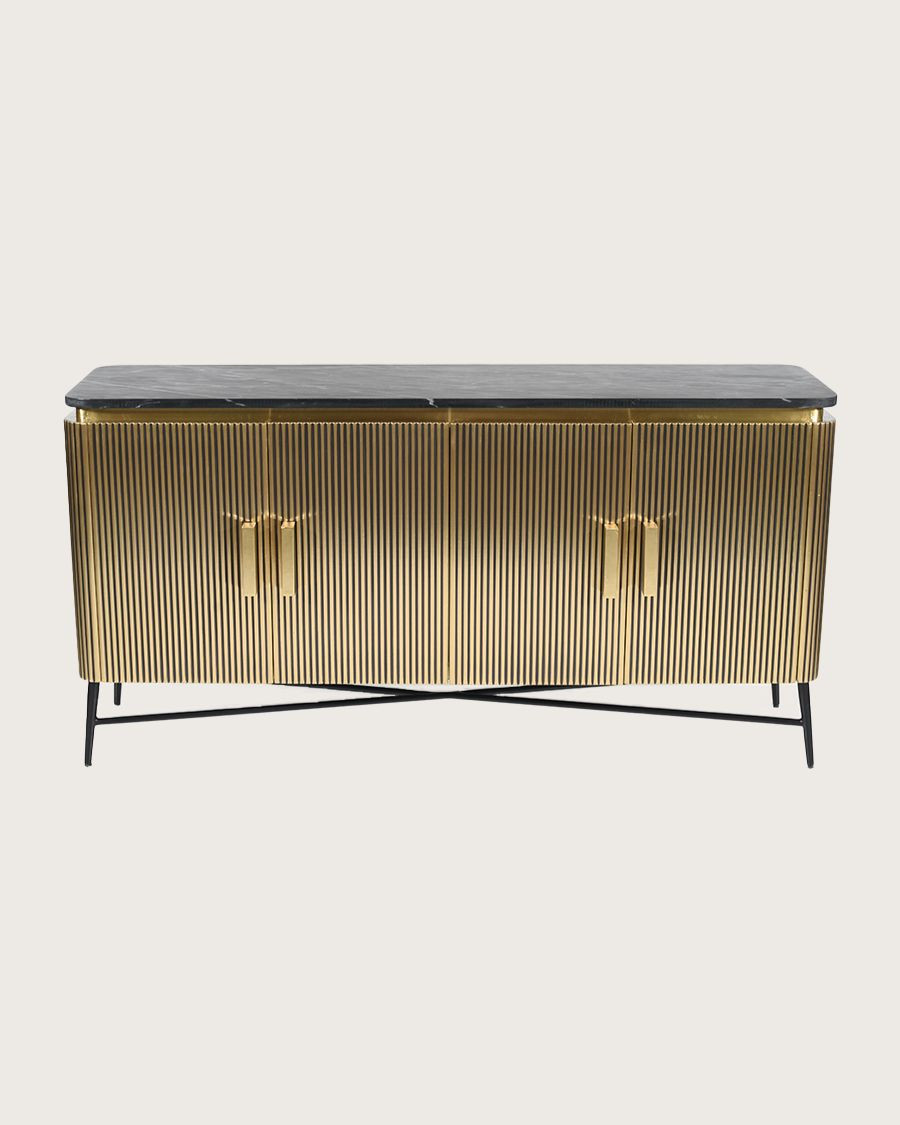Glory – Großes Sideboard mit Oberfläche aus gealtertem Messing und schwarzer Marmorplatte, 160 cm