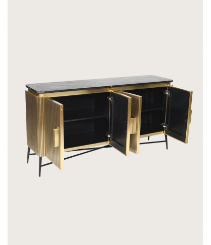 Glory - Grand buffet finition laiton vieilli avec plateau en marbre noir 160 cm