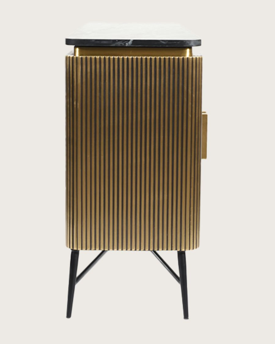 Glory - Grand buffet finition laiton vieilli avec plateau en marbre noir 160 cm