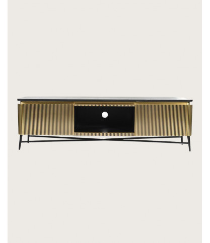 Glory - Meuble tv finition laiton vieilli avec plateau en marbre noir 170 cm