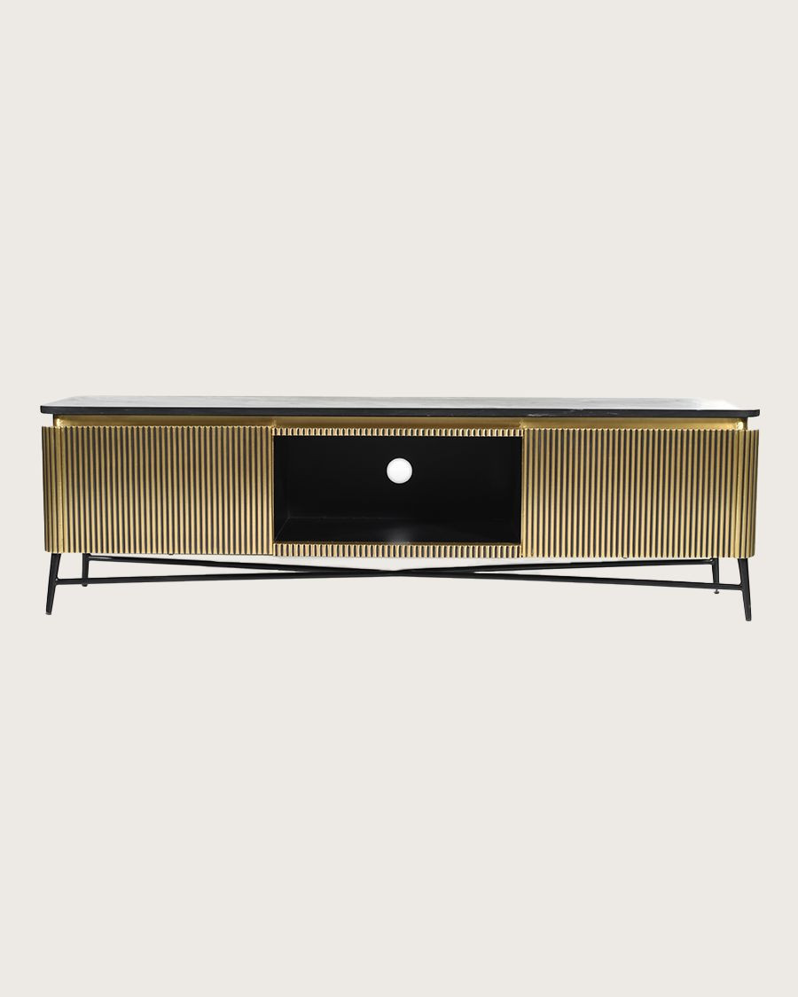 Glory - Mueble TV en acabado latón envejecido con tapa de mármol negro 170 cm