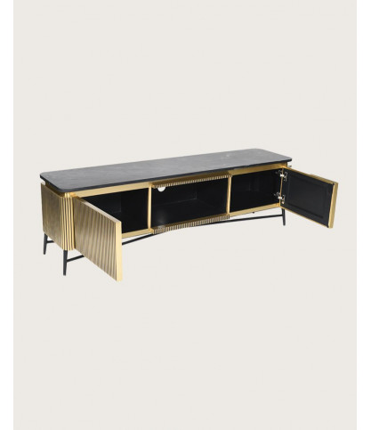 Glory - Meuble tv finition laiton vieilli avec plateau en marbre noir 170 cm