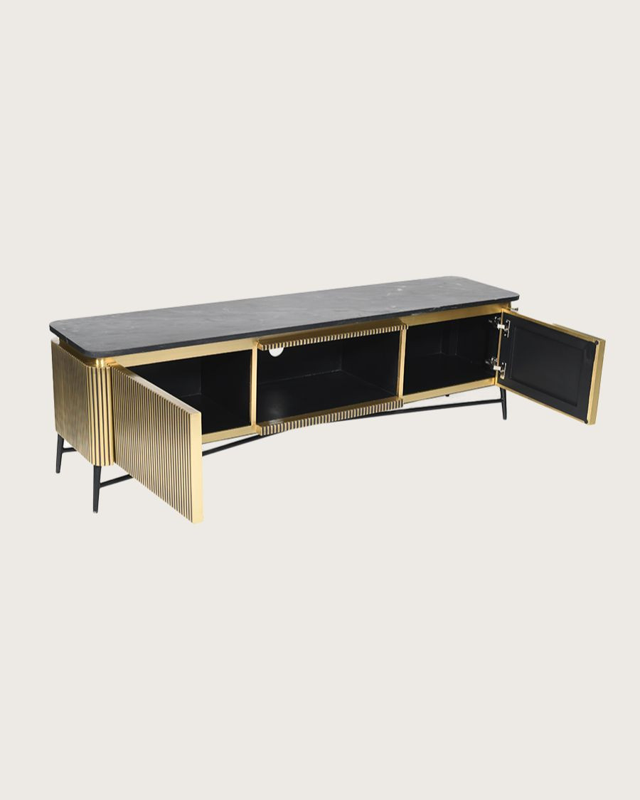 Glory - Meuble tv finition laiton vieilli avec plateau en marbre noir 170 cm
