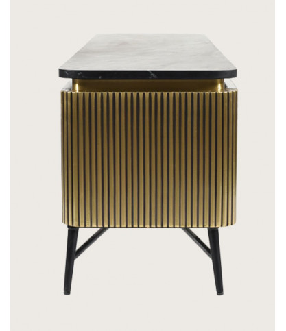 Glory - Meuble tv finition laiton vieilli avec plateau en marbre noir 170 cm