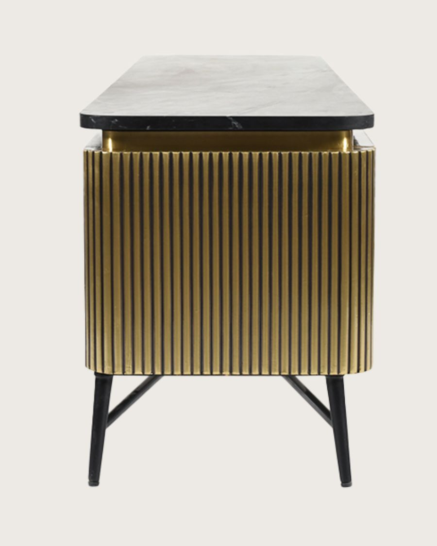 Glory - Mueble TV en acabado latón envejecido con tapa de mármol negro 170 cm