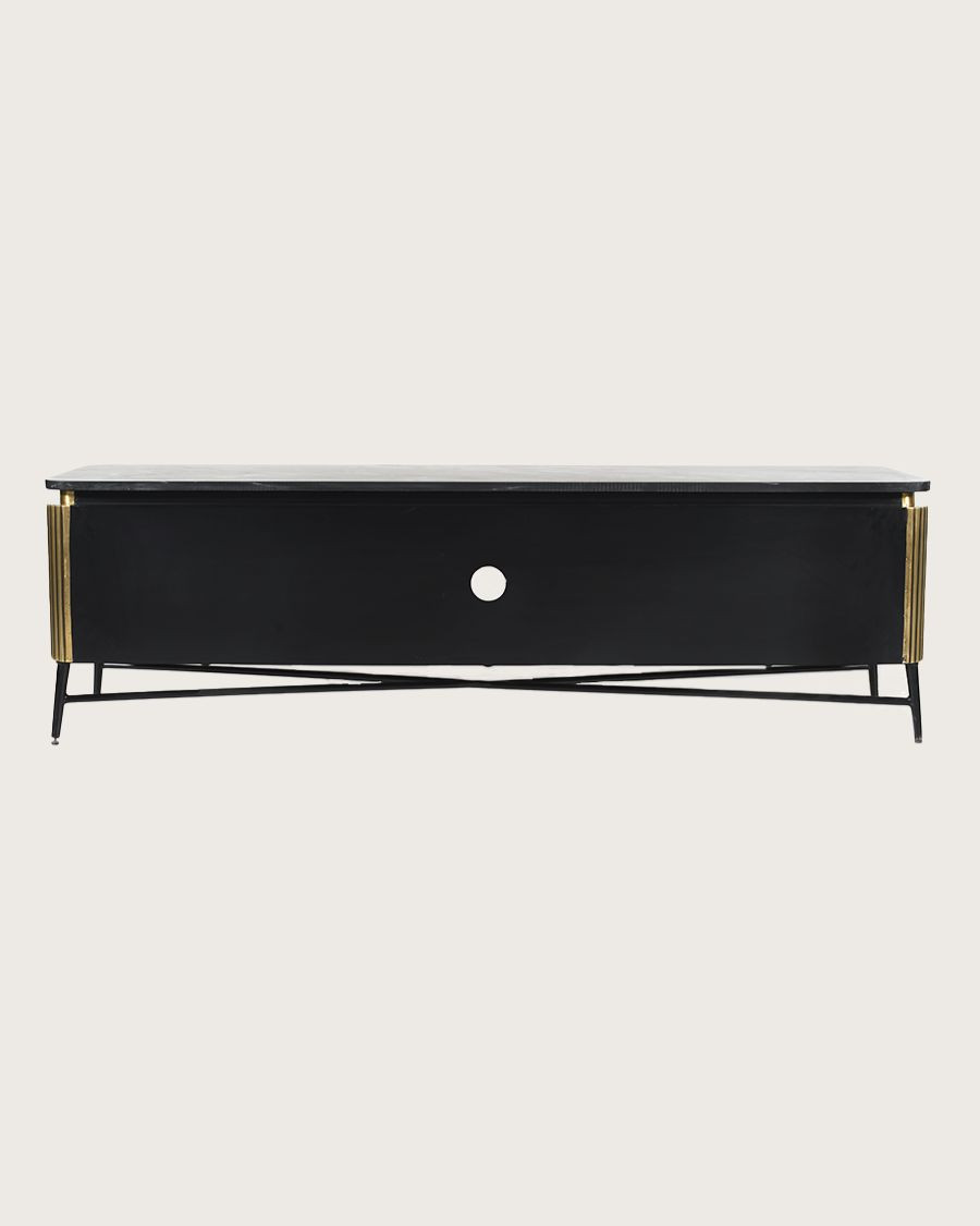 Glory - Mueble TV en acabado latón envejecido con tapa de mármol negro 170 cm