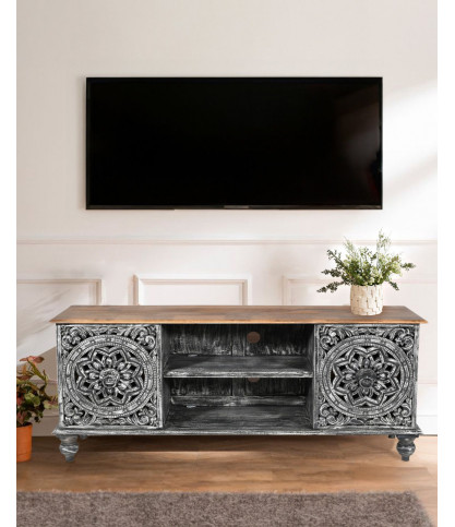 Lotus - Meuble TV cérusé en bois massif de manguier 150 cm