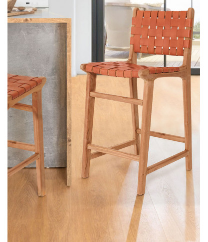 Ambra - Set of 2 Bar chairs in solid teak and brown woven cowhide leather