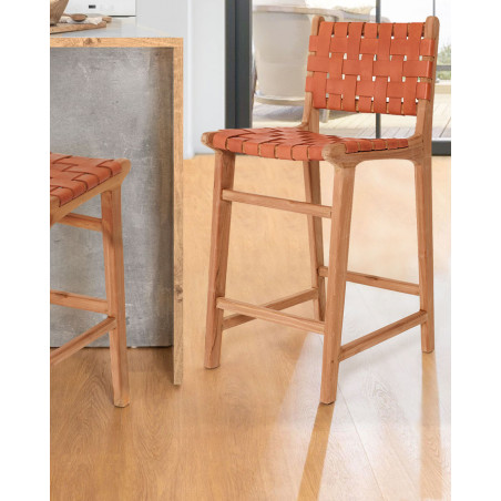 Ambra - Lot de 2 Chaise de bar en teck massif et cuir vachette tressé marron