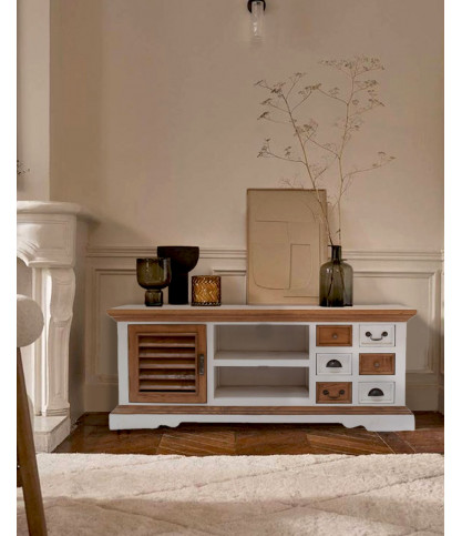 Inda - Solid Sungkai wood TV cabinet in white and natural 140 cm