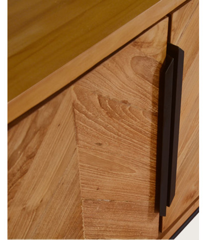 Kappa - Groot, laag dressoir van gerecycled teakhout met chevronpatroon en metalen details, 180 cm