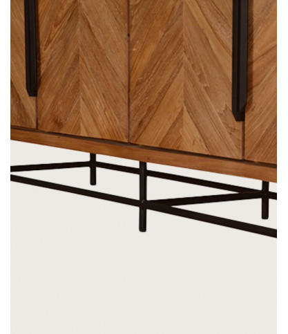 Kappa – Großes, niedriges Sideboard aus recyceltem Teakholz mit Fischgrätmuster und Metallelementen, 180 cm
