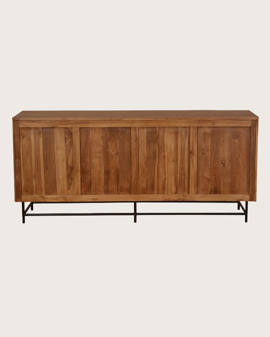 Kappa – Großes, niedriges Sideboard aus recyceltem Teakholz mit Fischgrätmuster und Metallelementen, 180 cm