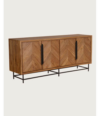 Kappa - Grande credenza bassa in teak riciclato con motivo a spina di pesce e dettagli in metallo, 180 cm