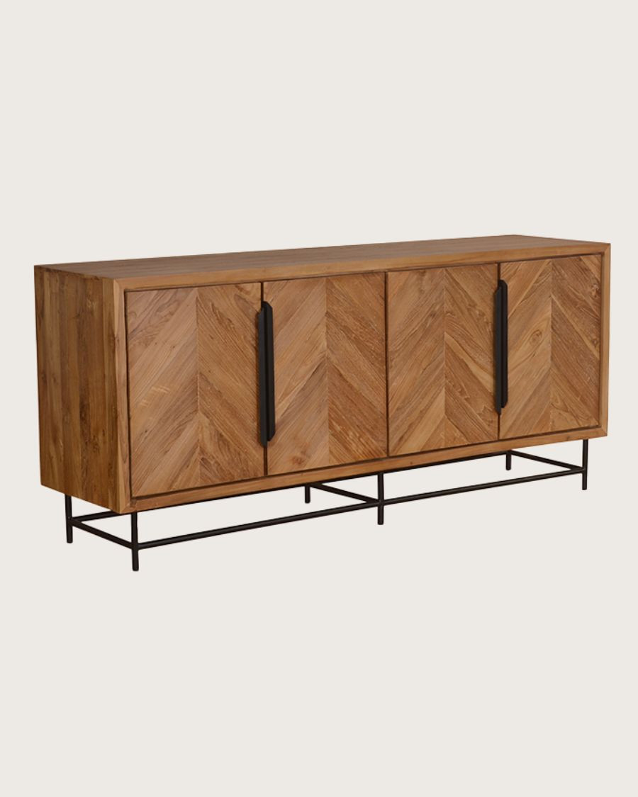 Kappa - Groot, laag dressoir van gerecycled teakhout met chevronpatroon en metalen details, 180 cm
