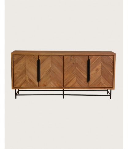 Kappa – Großes, niedriges Sideboard aus recyceltem Teakholz mit Fischgrätmuster und Metallelementen, 180 cm