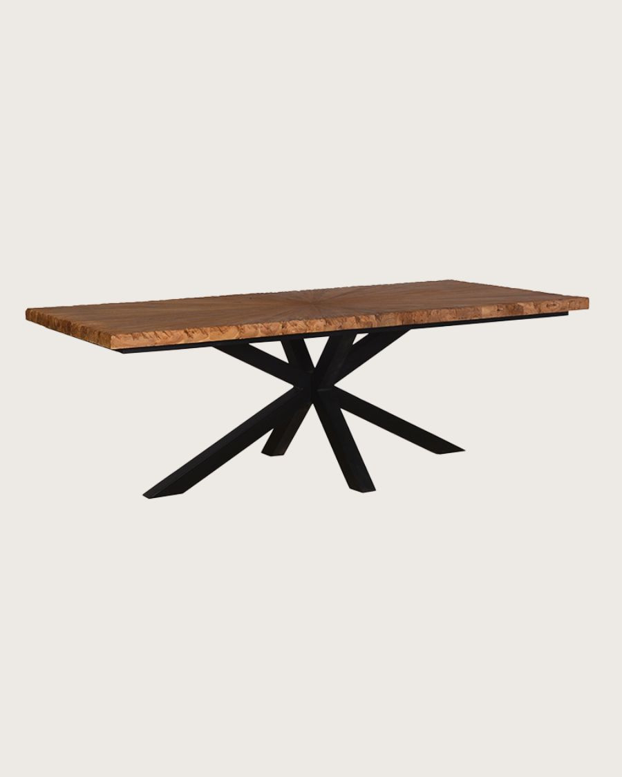 Sol - Mesa de comedor de teca maciza con motivo solar, L200 cm, 10 personas.