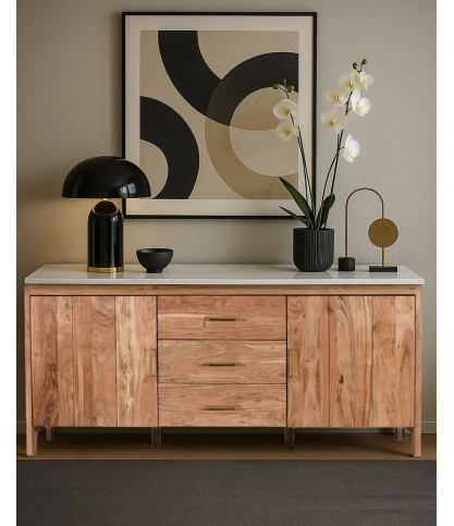 Havena - Aparador de madera maciza y mármol blanco 180 cm