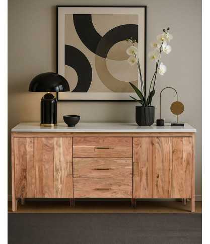 Havena - Buffet aus massivem Holz und weißem Marmor, 175 cm