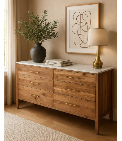 Havena - Buffet bas en bois massif et marbre blanc 173 cm