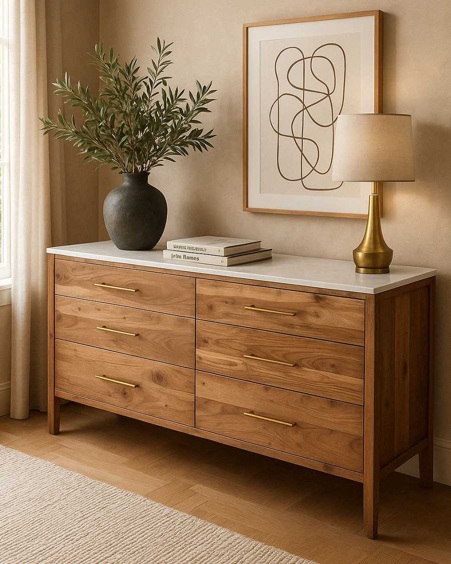 Havena - Cómoda de madera maciza y mármol blanco de 150 cm
