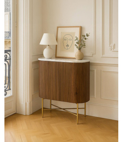 Céline - Buffet 2 portes en bois massif de manguier et marbre blanc 65 cm