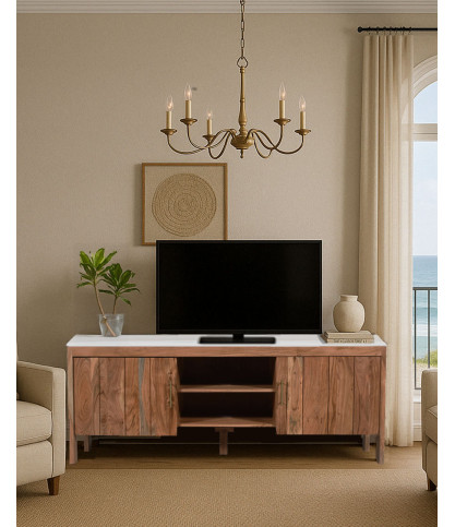 Moko - Meuble TV en bois massif et marbre blanc