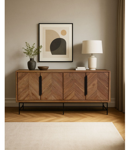 Kappa - Groot, laag dressoir van gerecycled teakhout met chevronpatroon en metalen details, 180 cm