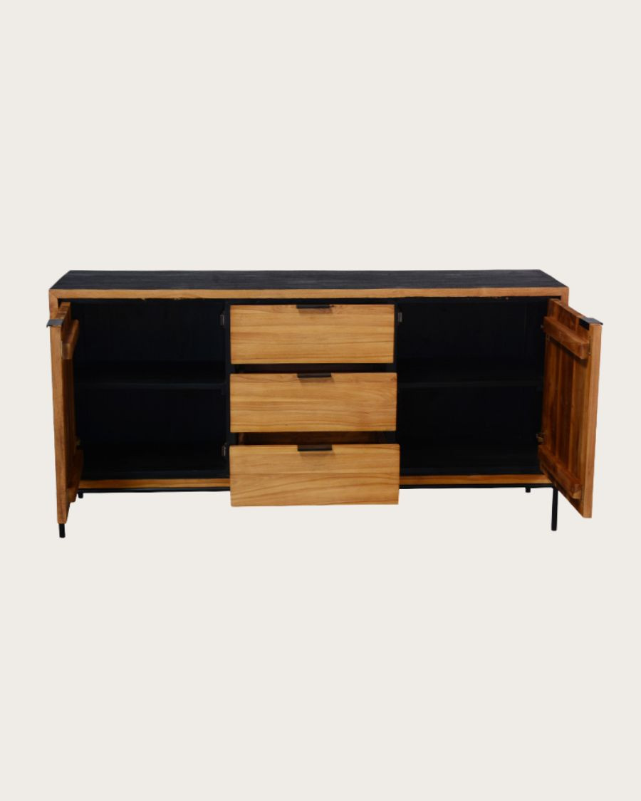 Indra – Niedriges Sideboard aus zweifarbigem Recycling-Teakholz, 160 cm