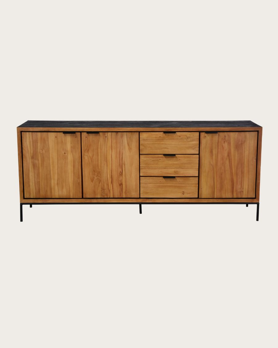 Indra Grand - Groot, laag dressoir van tweekleurig gerecycled teakhout, 200 cm