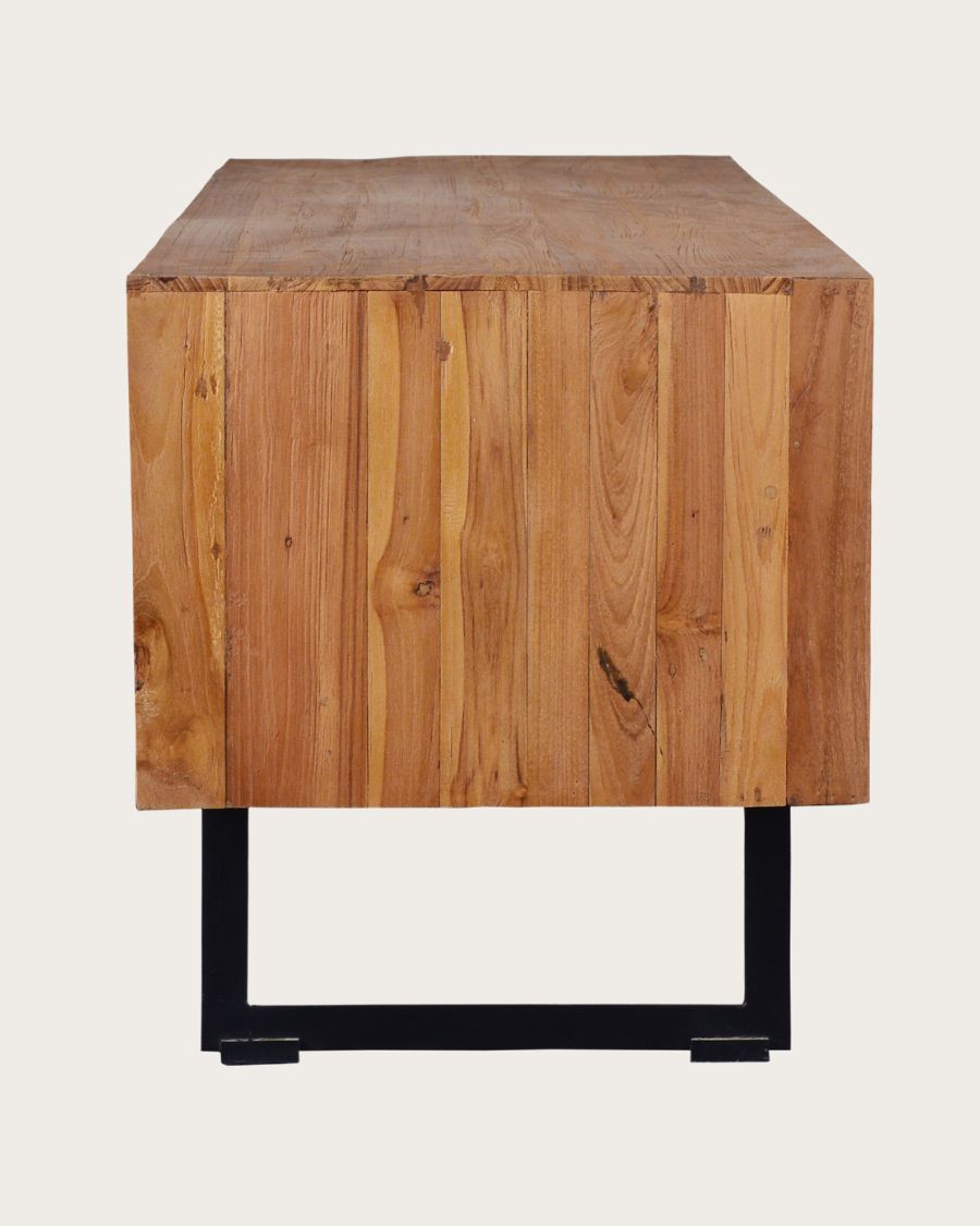 Kappa - Meuble TV industriel en teck recyclé avec motif chevron et métal 160 cm