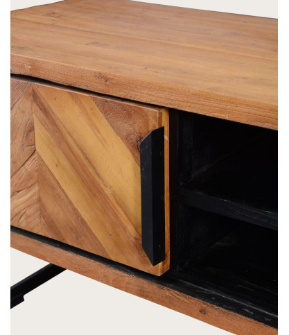 Kappa - Meuble TV industriel en teck recyclé avec motif chevron et métal 160 cm