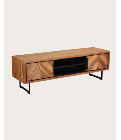 Kappa - Meuble TV industriel en teck recyclé avec motif chevron et métal 160 cm