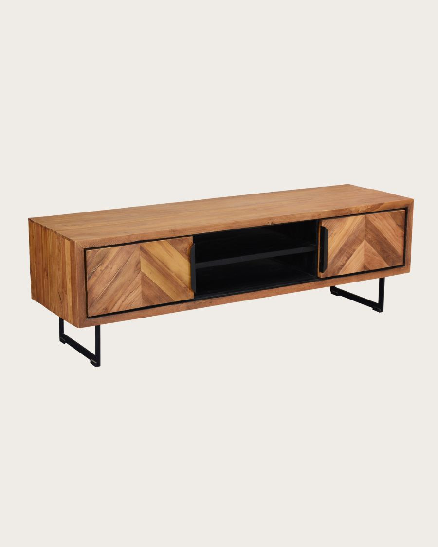 Kappa - Meuble TV industriel en teck recyclé avec motif chevron et métal 160 cm