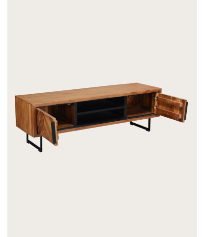 Kappa - Meuble TV industriel en teck recyclé avec motif chevron et métal 160 cm