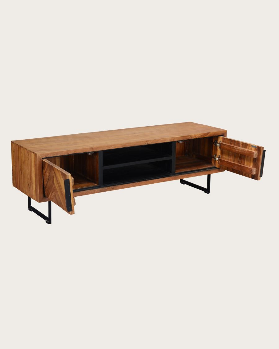 Kappa - Meuble TV industriel en teck recyclé avec motif chevron et métal 160 cm