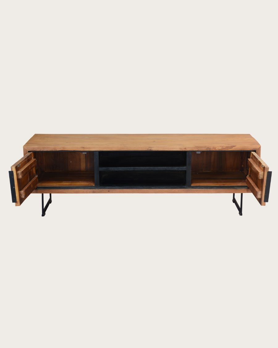 Kappa - Meuble TV industriel en teck recyclé avec motif chevron et métal 160 cm