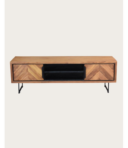 Kappa - Meuble TV industriel en teck recyclé avec motif chevron et métal 160 cm