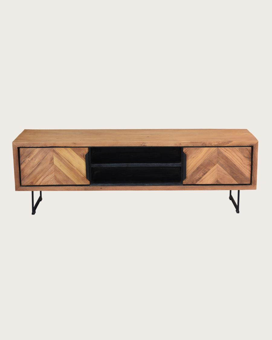 Kappa - Meuble TV industriel en teck recyclé avec motif chevron et métal 160 cm