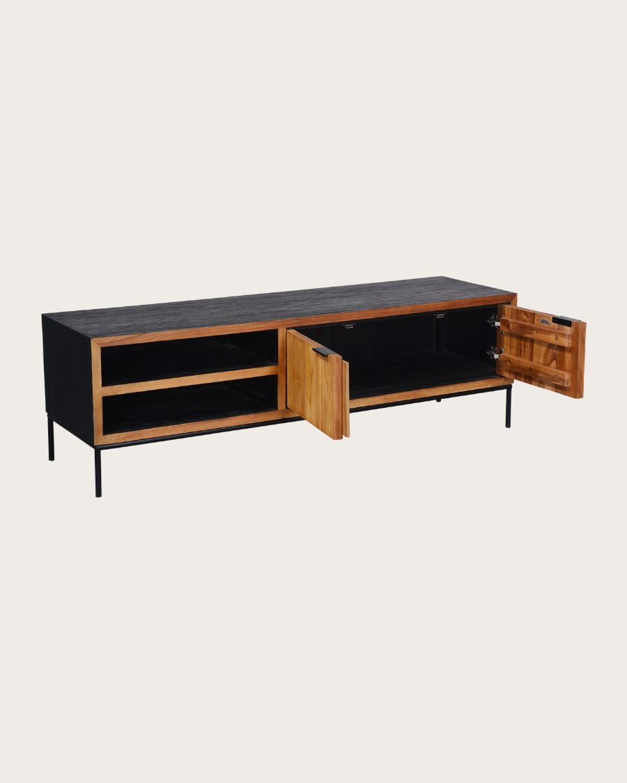 Indra - Mobile porta TV bicolore in teak riciclato, 160 cm