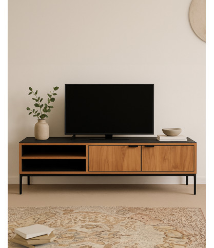 Indra - Mobile porta TV bicolore in teak riciclato, 160 cm