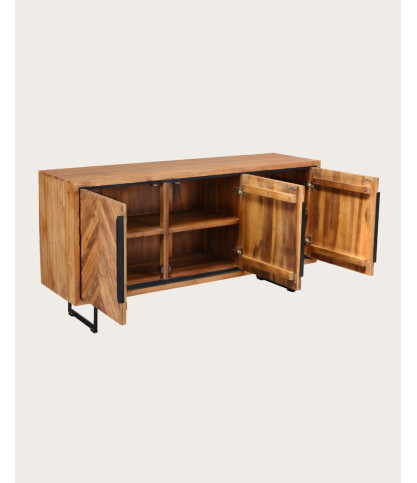 Kappa - Buffet bas en teck recyclé avec motif chevron et métal 160 cm