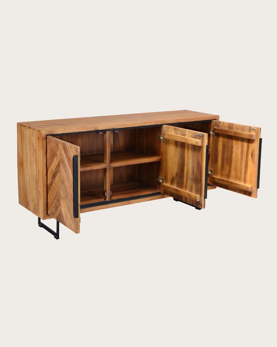 Kappa - Buffet bas en teck recyclé avec motif chevron et métal 160 cm