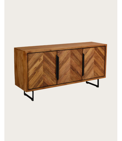 Kappa - Low sideboard in recycled teak with chevron pattern and metal 160 cm