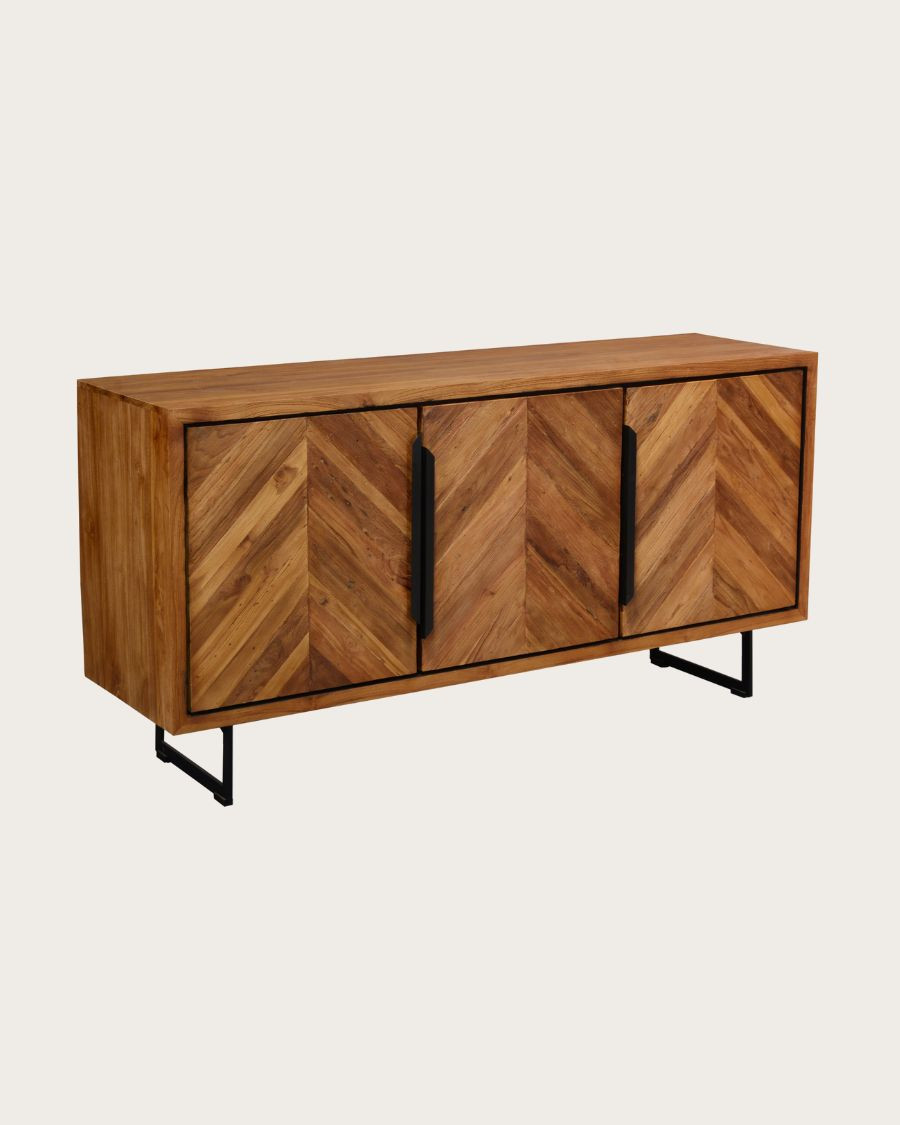 Kappa - Buffet bas en teck recyclé avec motif chevron et métal 160 cm