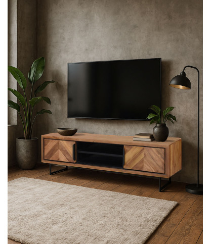 Kappa - Meuble TV industriel en teck recyclé avec motif chevron et métal 160 cm