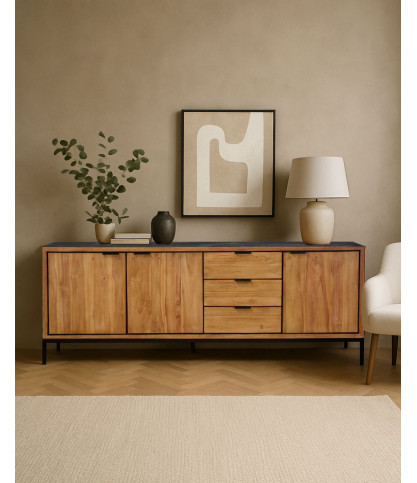 Indra Grand - Large low sideboard in two-tone recycled teak, 200 cm