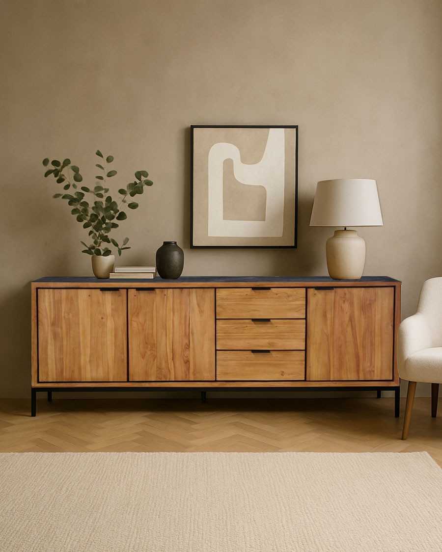 Indra Grand - Großes, niedriges Sideboard aus zweifarbigem, recyceltem Teakholz, 200 cm